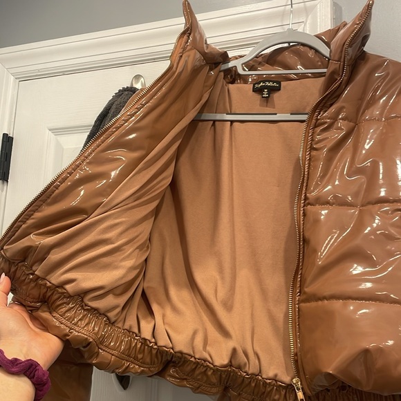 Brown faux leather jacket with outside pockets - Picture 3 of 4